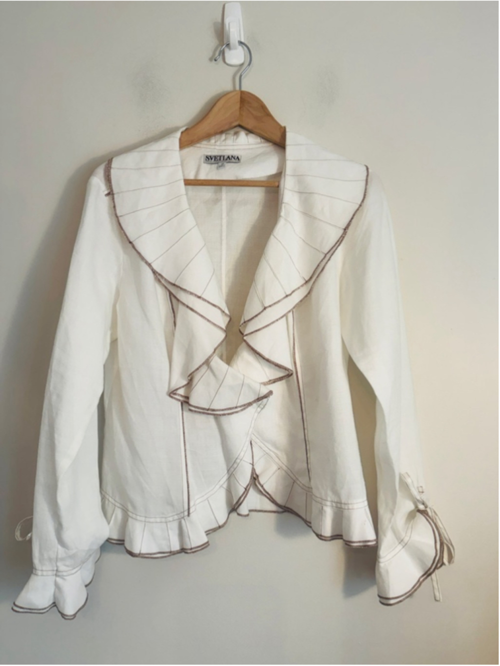 Svetlana 100% Rammie White Ruffle Tie Sleeve Blazer Size 10 Elegant Lightweight